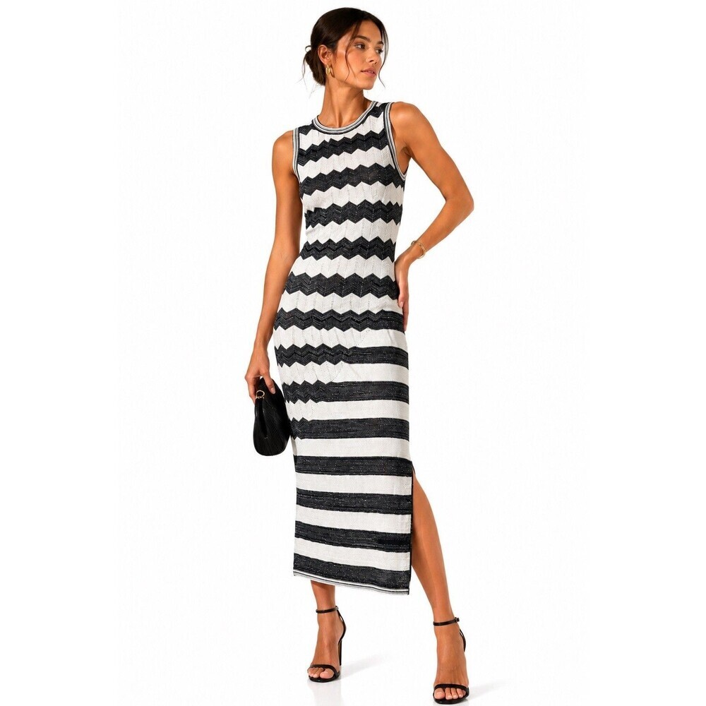 Milly Asymmetric Zig Zag Metallic Knit Midi Dress Black Ecru Sleeveless L